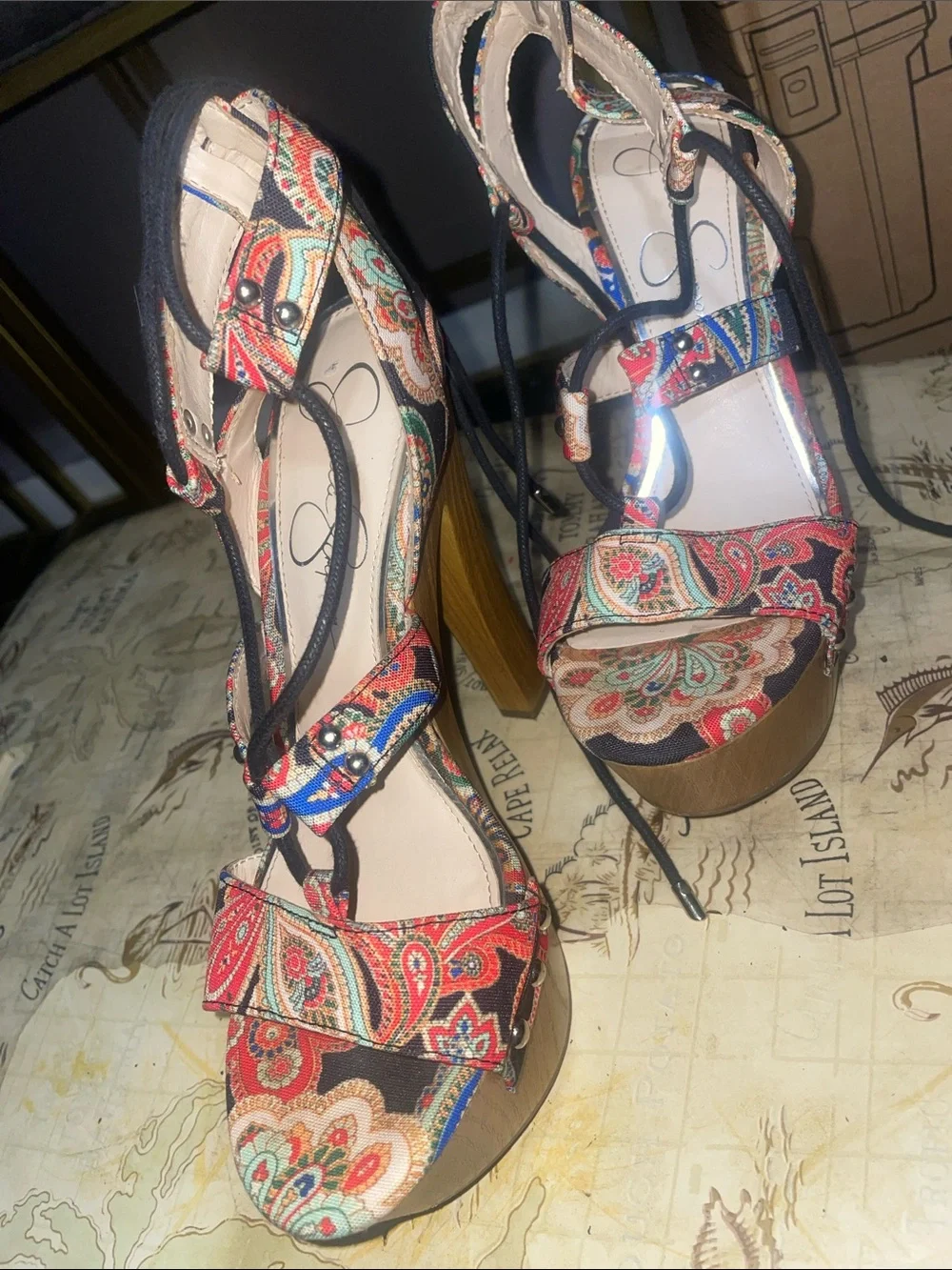 Jessica Simpson Red Multicolor Paisley Platform Sandals